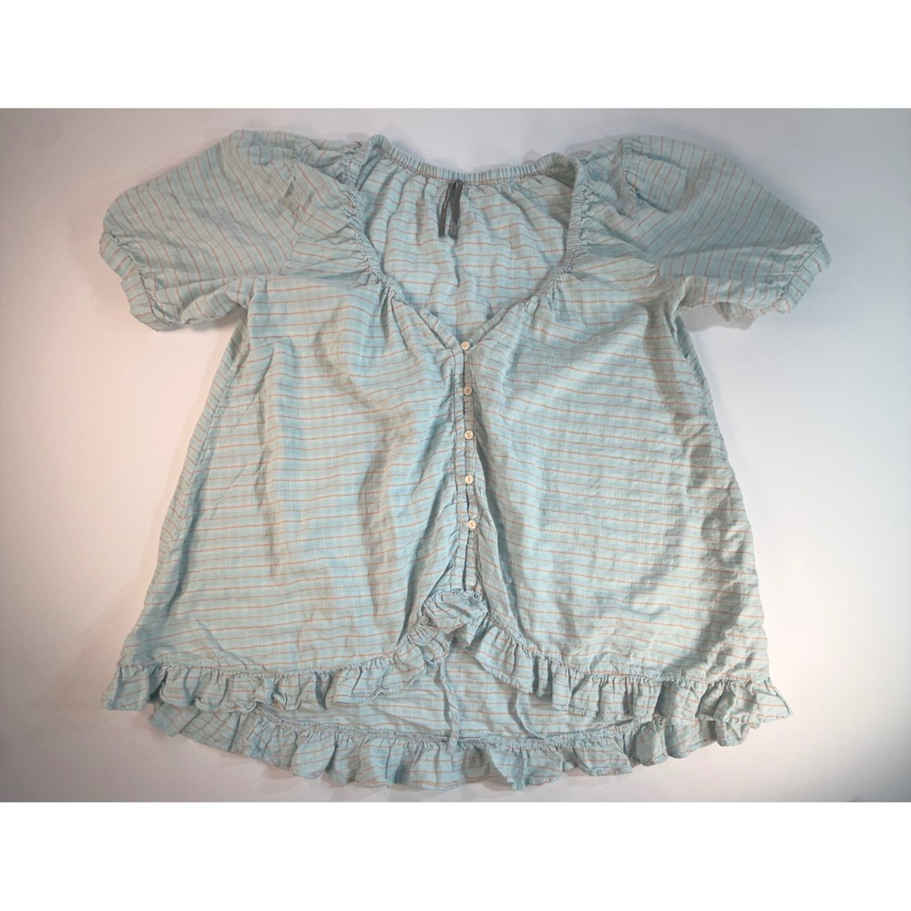 Anthropologie Blue Striped Ruffle Hem Puff Sleeve Blouse Top Small